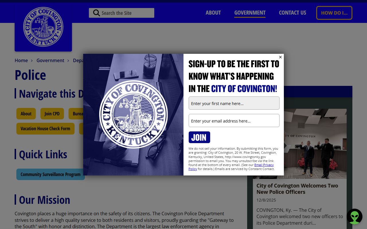 Covington Police Department website for city arrests and booking information
