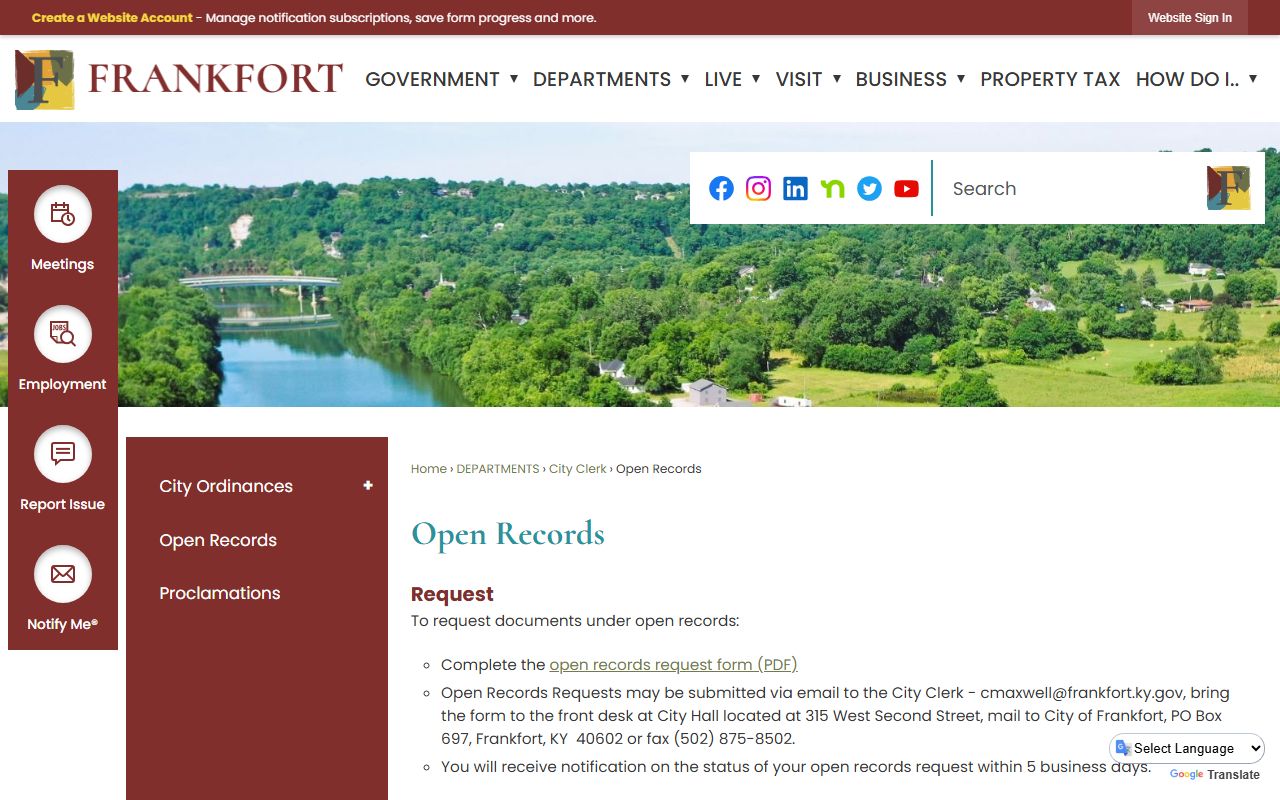 Frankfort city open records page for booking reports