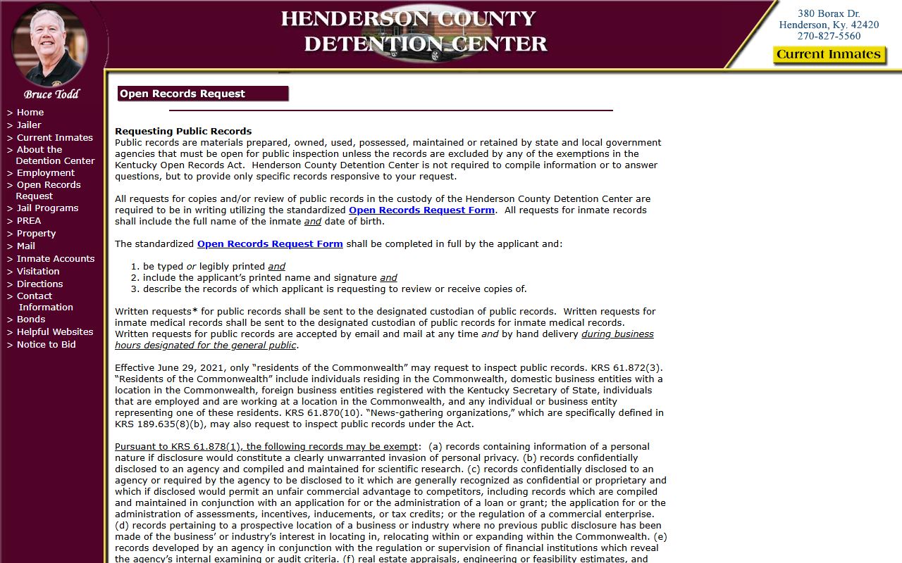 Henderson County open records request page for booking reports