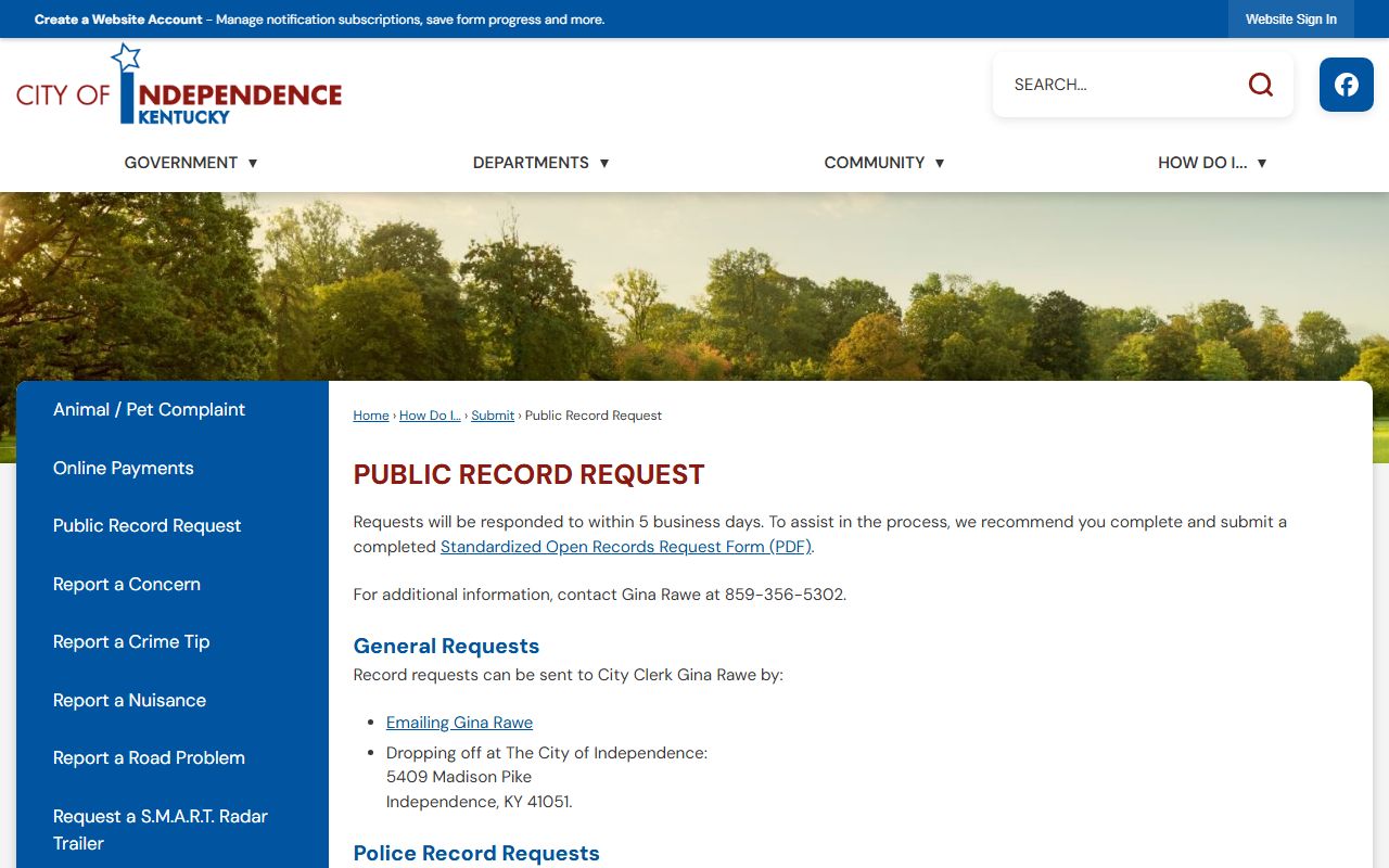 Independence public records request page for booking reports