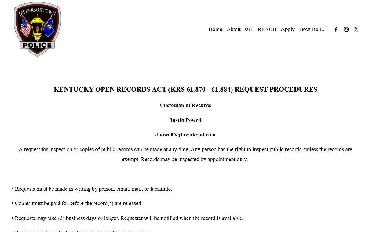 Jeffersontown open records request page for booking reports