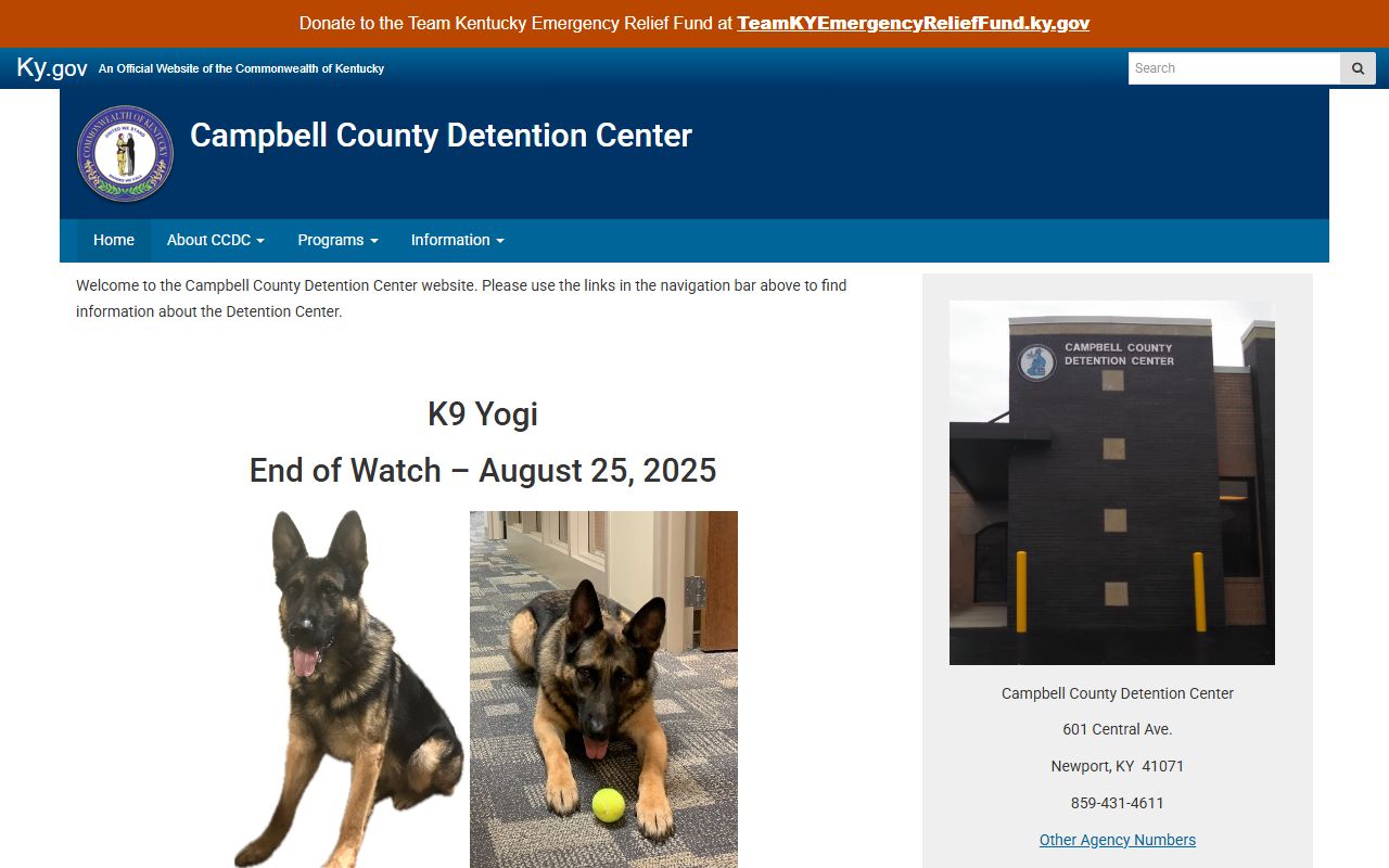 Campbell County Detention Center homepage for booking reports information