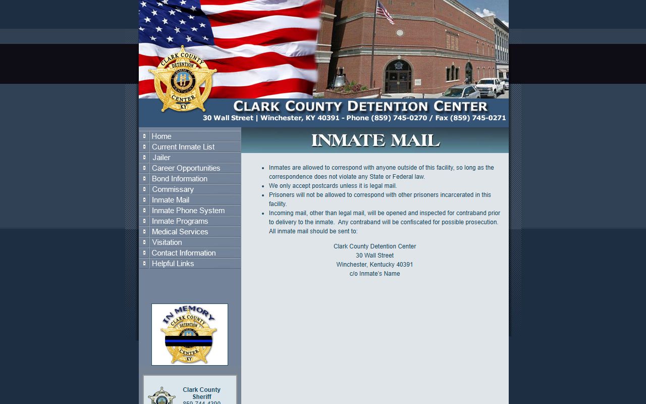 Clark County Detention Center inmate mail policy page