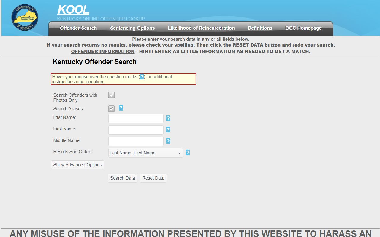 Kentucky Online Offender Lookup system for Floyd County booking records