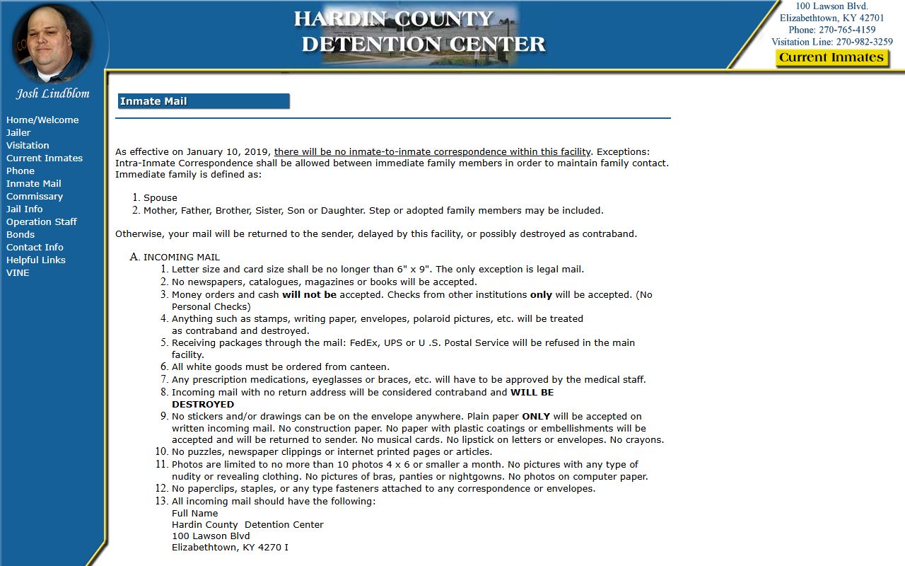 Hardin County Detention Center inmate mail guidelines and policies