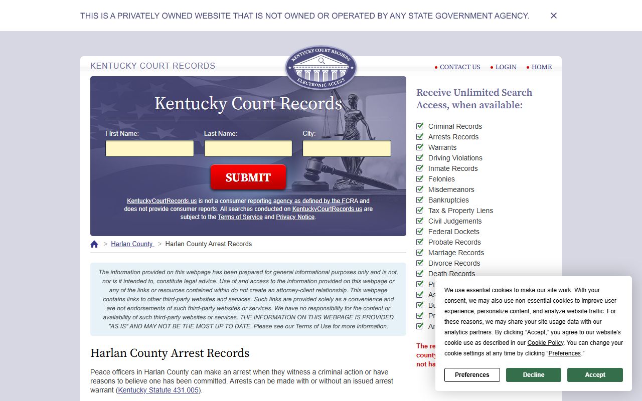Harlan County arrest records information resource