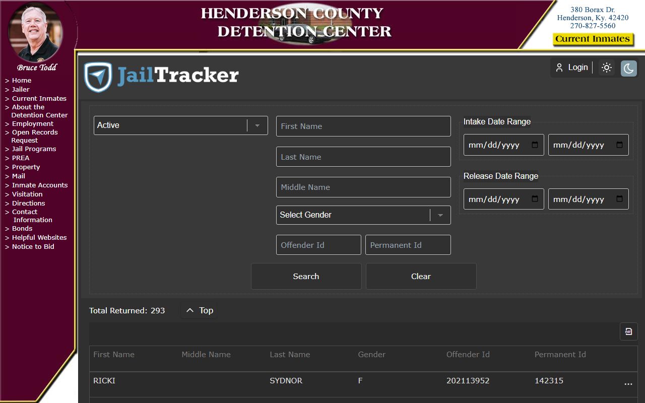 Henderson County inmate search and booking list interface