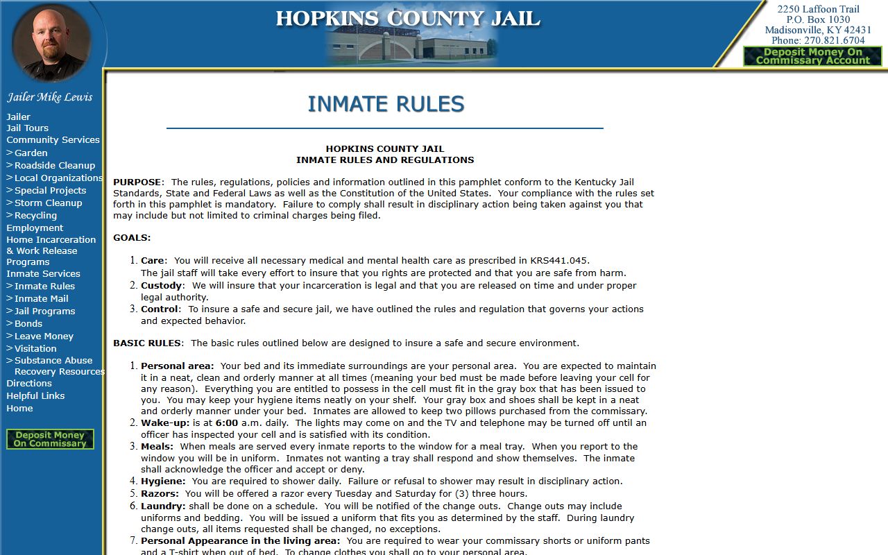 Hopkins County Jail inmate rules and guidelines information