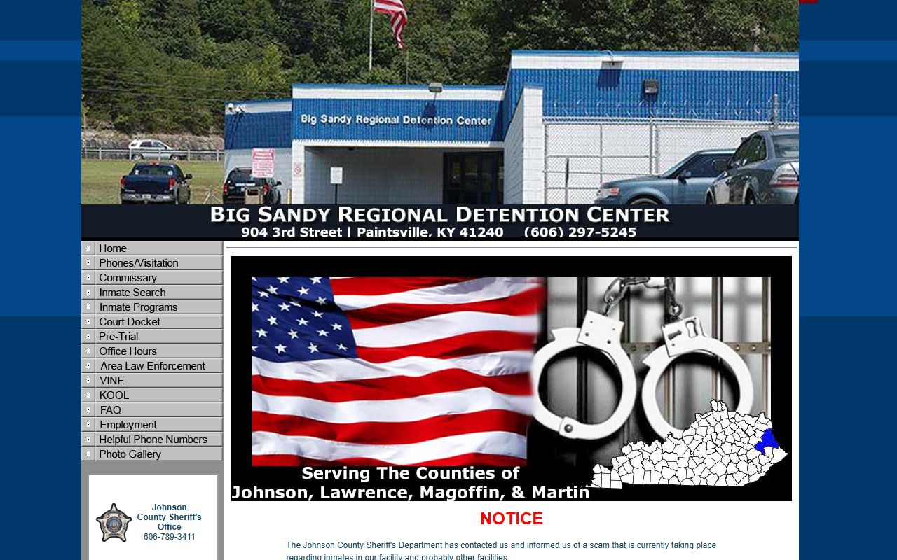 Big Sandy Regional Detention Center website for Johnson County booking reports