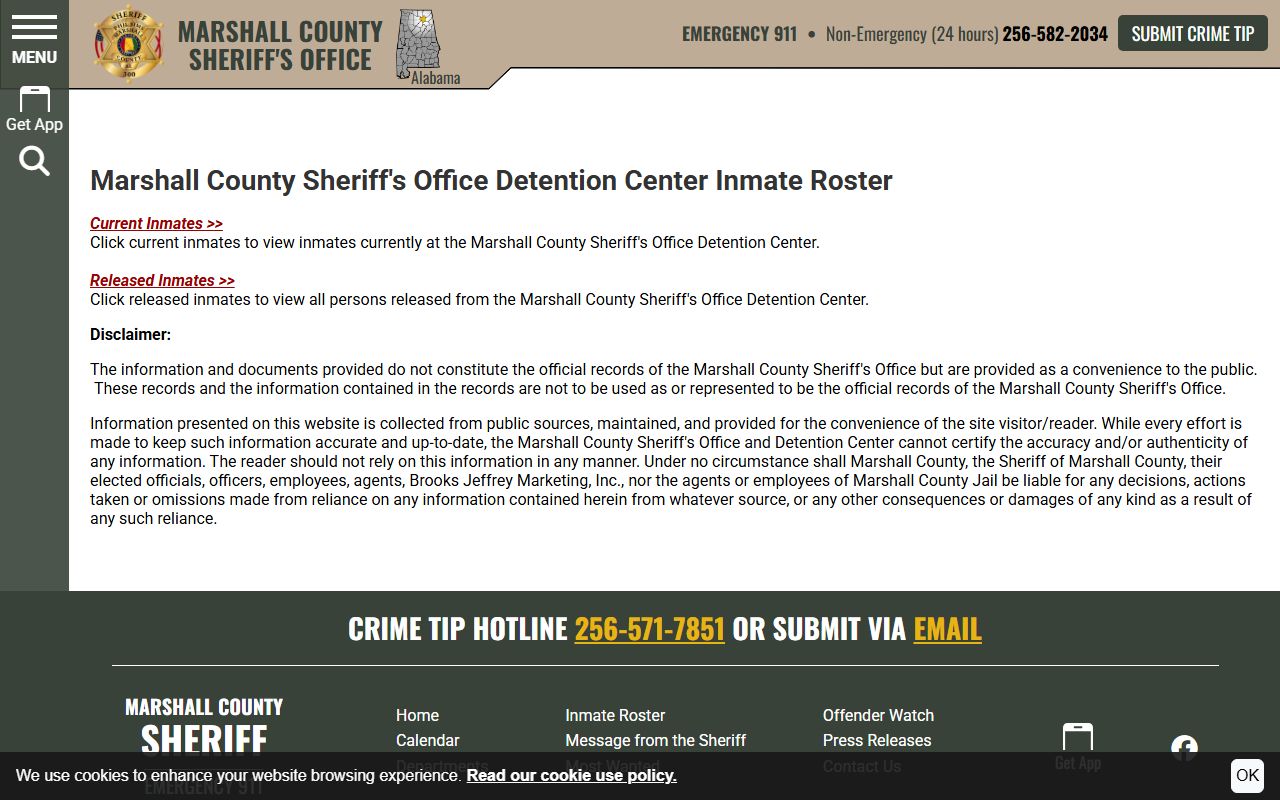 Marshall County Sheriff's Office inmate roster interface