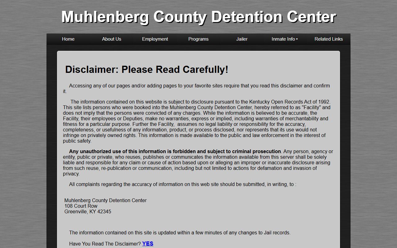 Muhlenberg County Detention Center records disclaimer and terms
