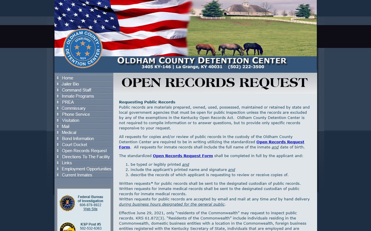 Oldham County open records request page for booking reports