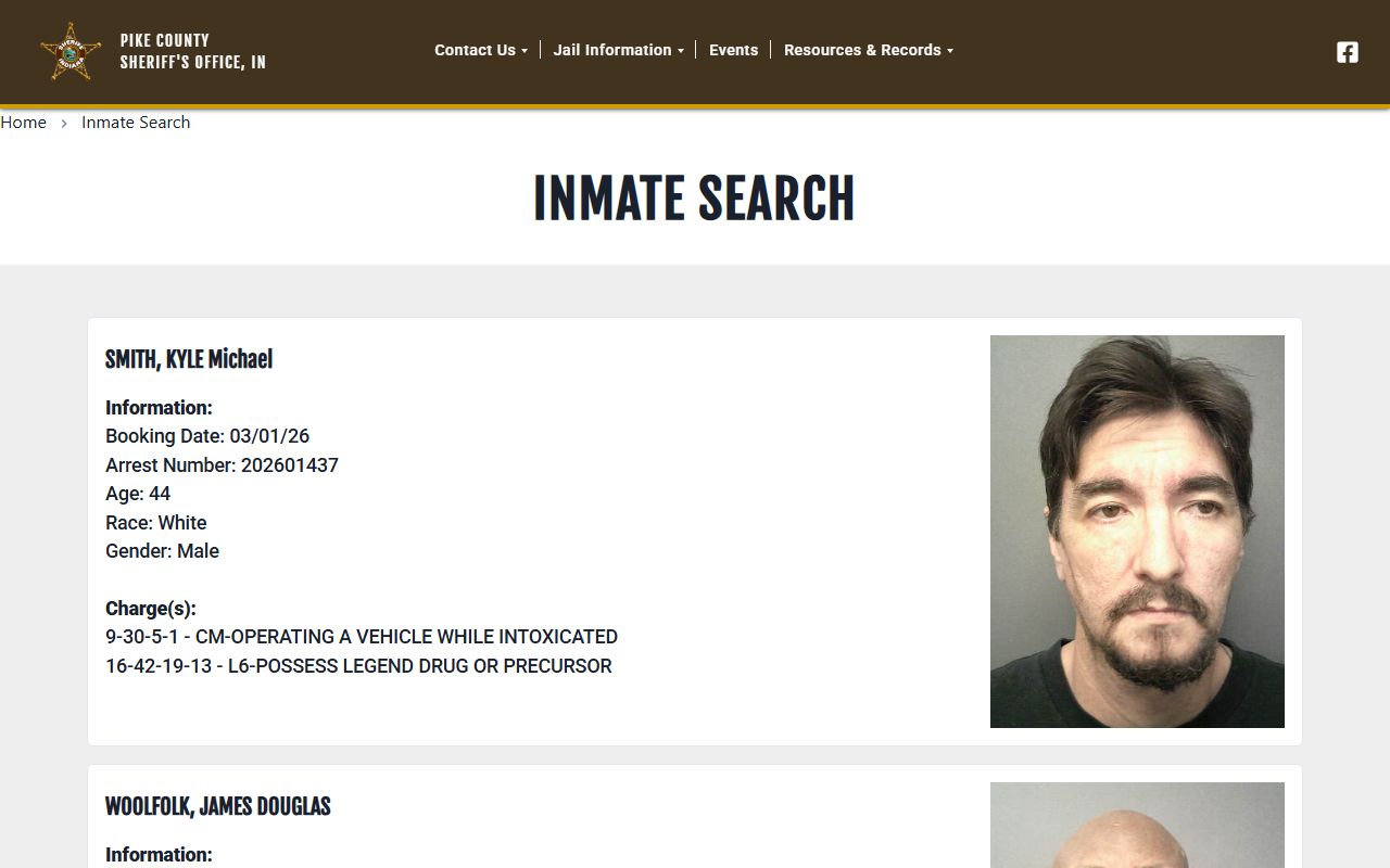 Pike County inmate search page for booking reports