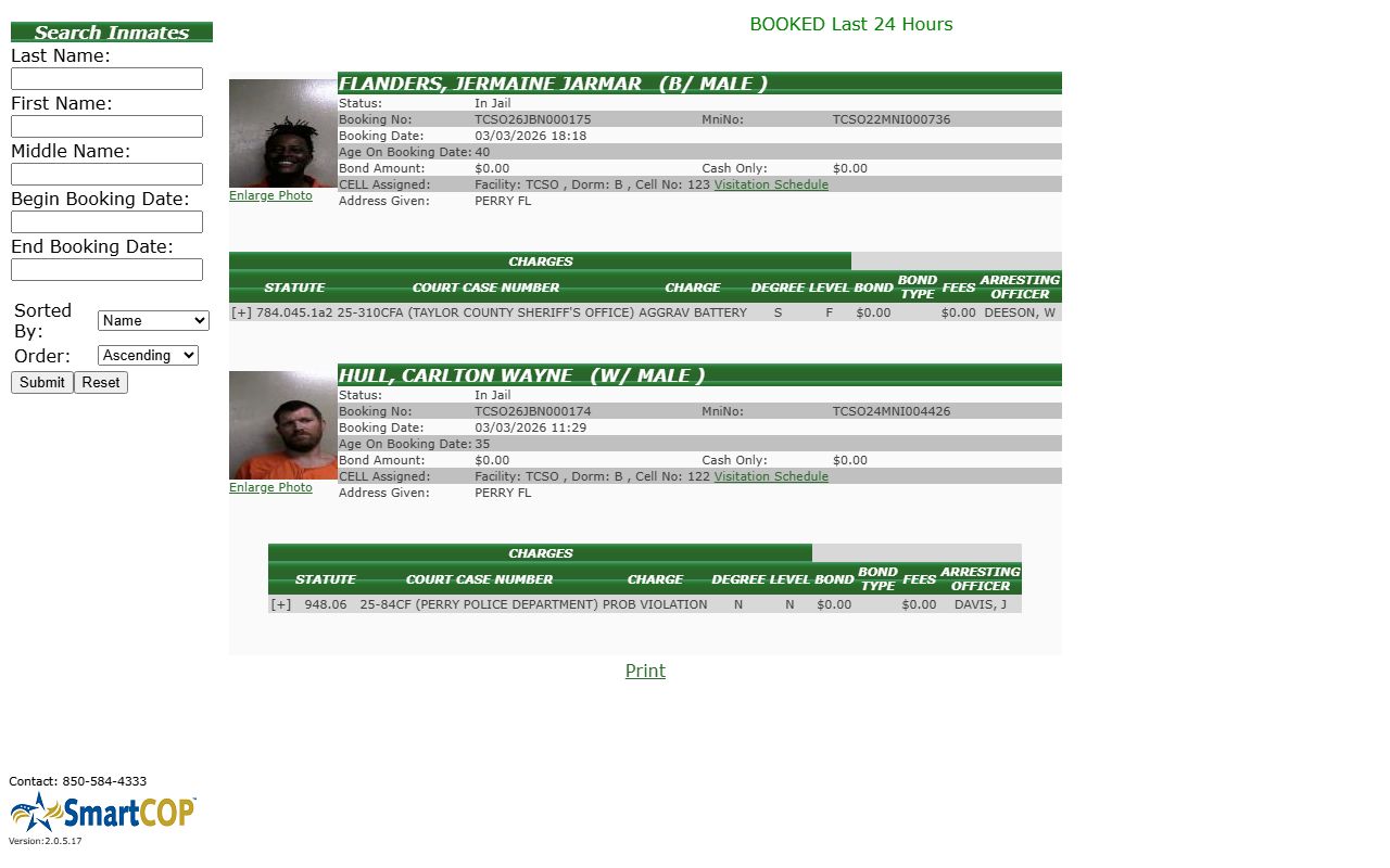 Taylor County inmate search system for booking reports
