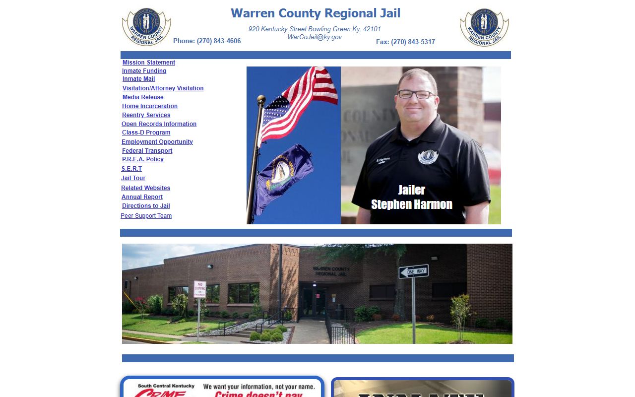 Warren County Regional Jail website with inmate search and booking reports