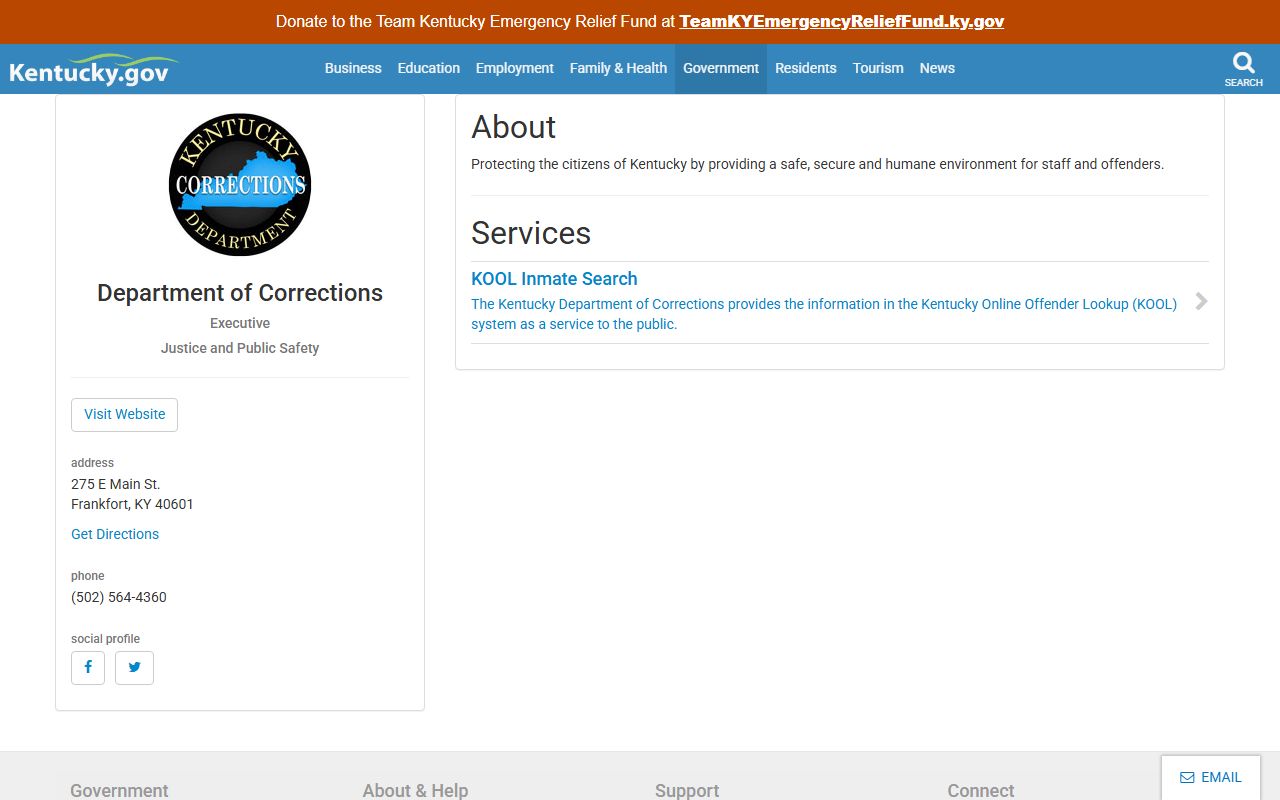 Kentucky Department of Corrections DOC profile for booking reports